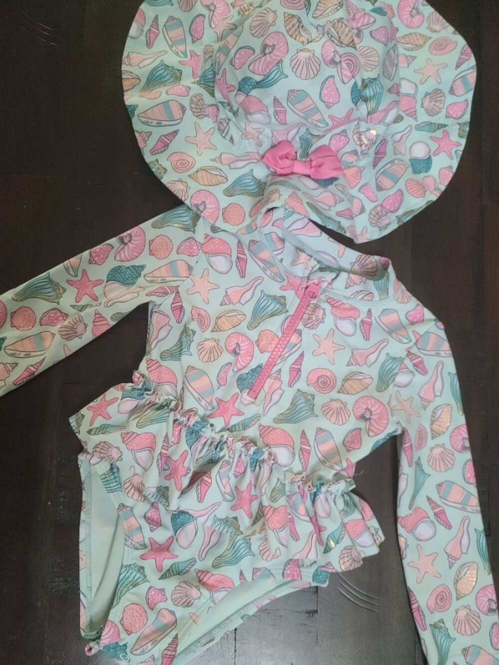 Swimsuit with Shell Pattern and Matching Hat - Picture 2 of 4